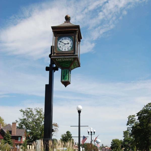 Clock tower along Chesaning boulevard on a sunny day