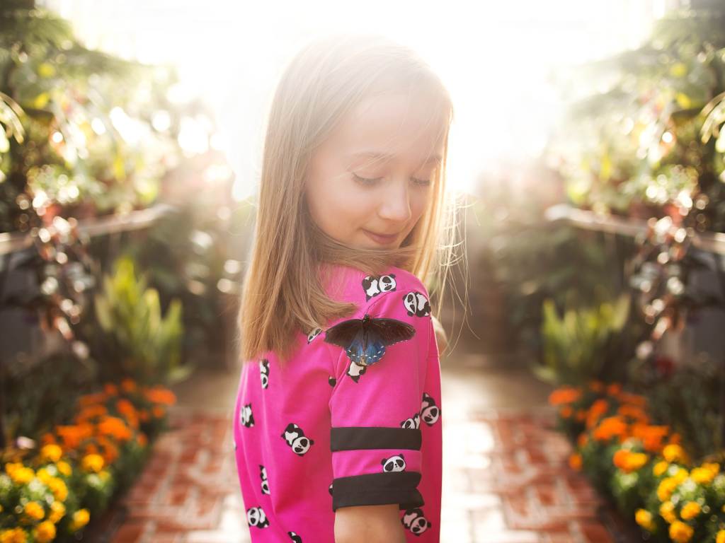 Butterfly landing on little girl's shoulder at Dow Gardens in
 Midland, Michigan