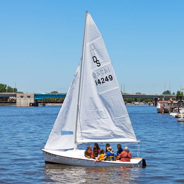 Sailboat on the Saginaw River with views of Downtown Bay City