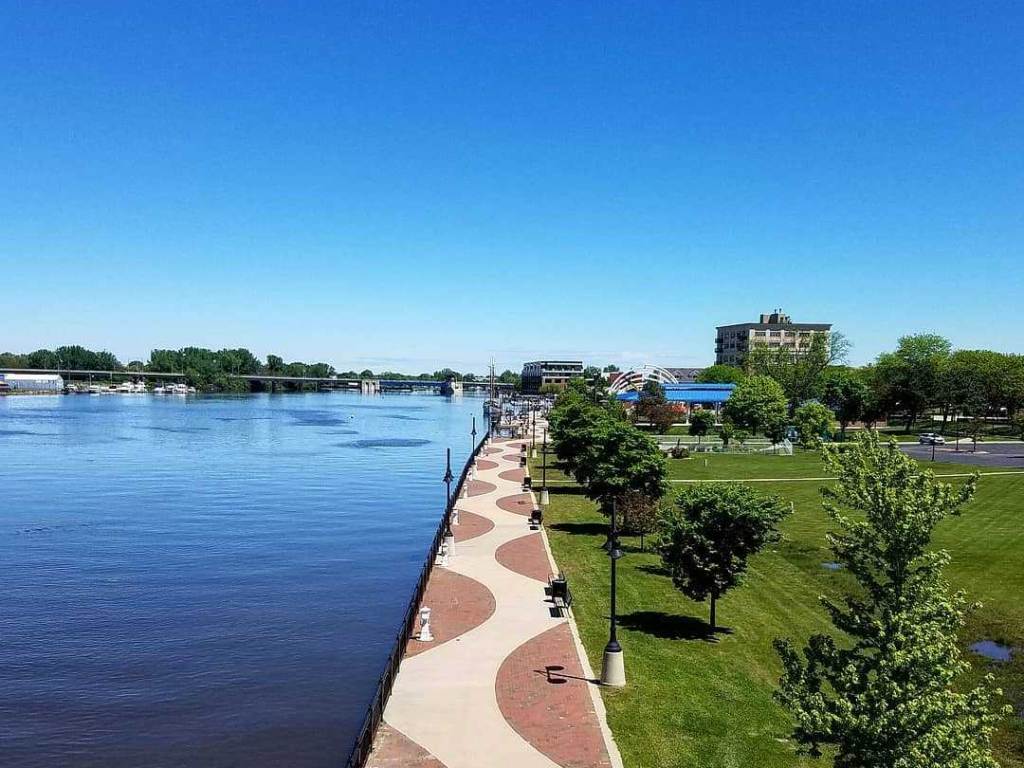 Aerial view of the Bay City Area Riverwalk/RailTrail along the waterfront in Bay City