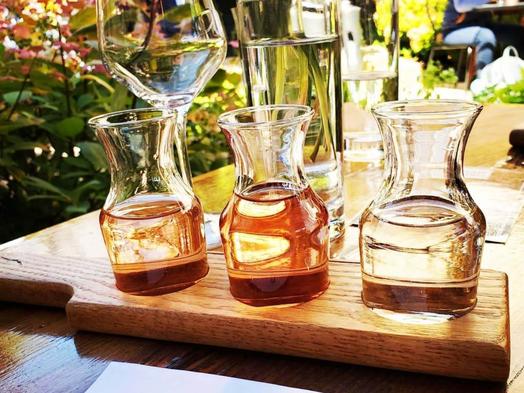 Rose All Day wine flight on the patio at Prost Wine Bar & Charcuterie in Frankenmuth