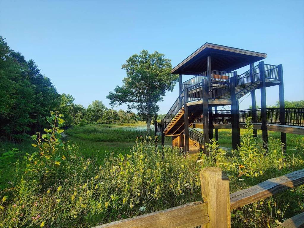 Views of the two-story observation tower over the wetlands at Chippewa Nature Center in Midland