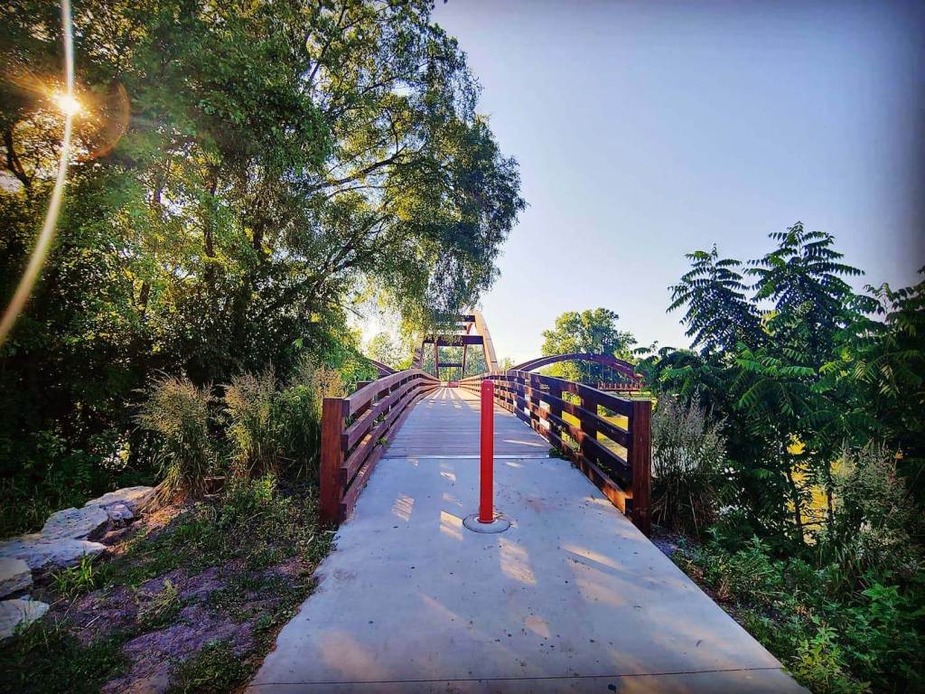 Sunny day at the Tridge in Midland, a trailhead of the 30-mile Pere Marquette Rail Trail
