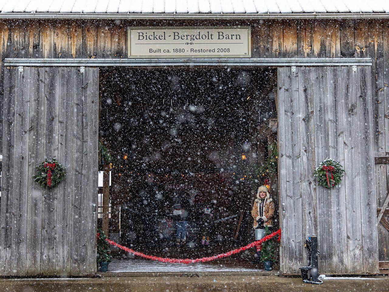 A peek into the Bickel Bergdolt Barn at Santa's Reindeer Farm on Grandpa Tiny's Farm in Frankenmuth, with snow gently falling all around