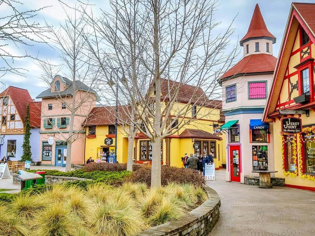 Exterior views of the Bavarian architecture at Frankenmuth River Place Shops on a bright spring day