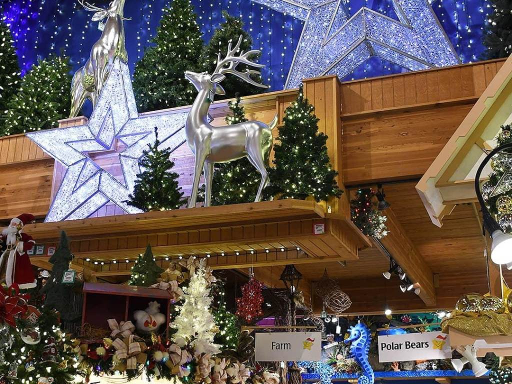 Lighted stars and ornaments hanging at Bronner's CHRISTmas Wonderland in Frankenmuth