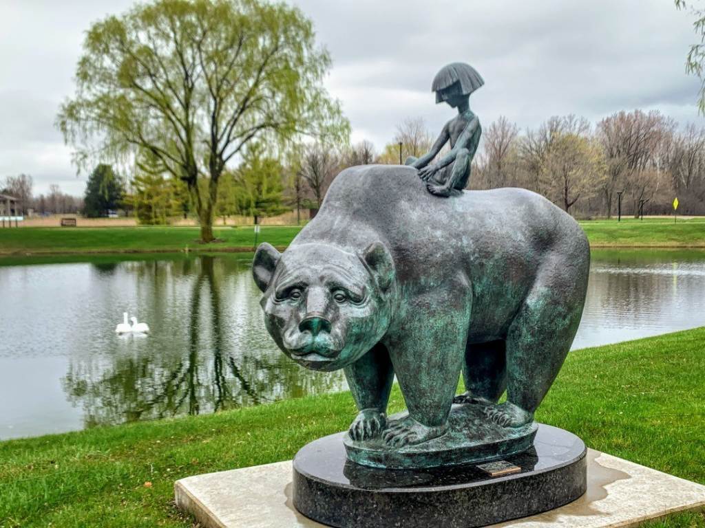 "The Boy and the Bear" sculpture at Marshall M. Fredericks Sculpture Museum in Saginaw