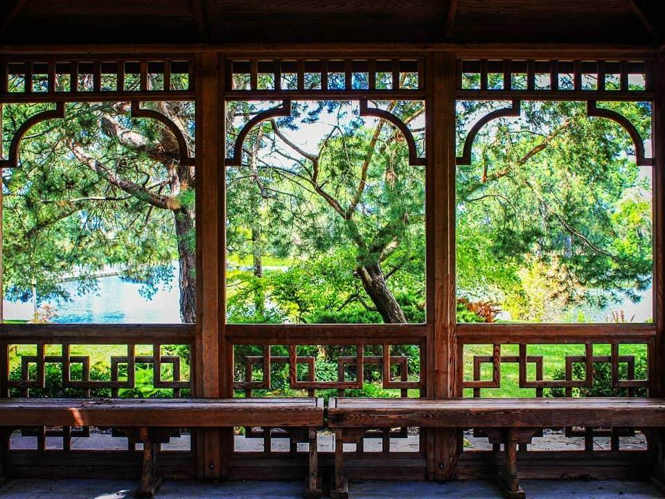 Views of the Japanese gardens from a seating pavilion at Japanese Cultural Center, Tea House and Gardens of Saginaw