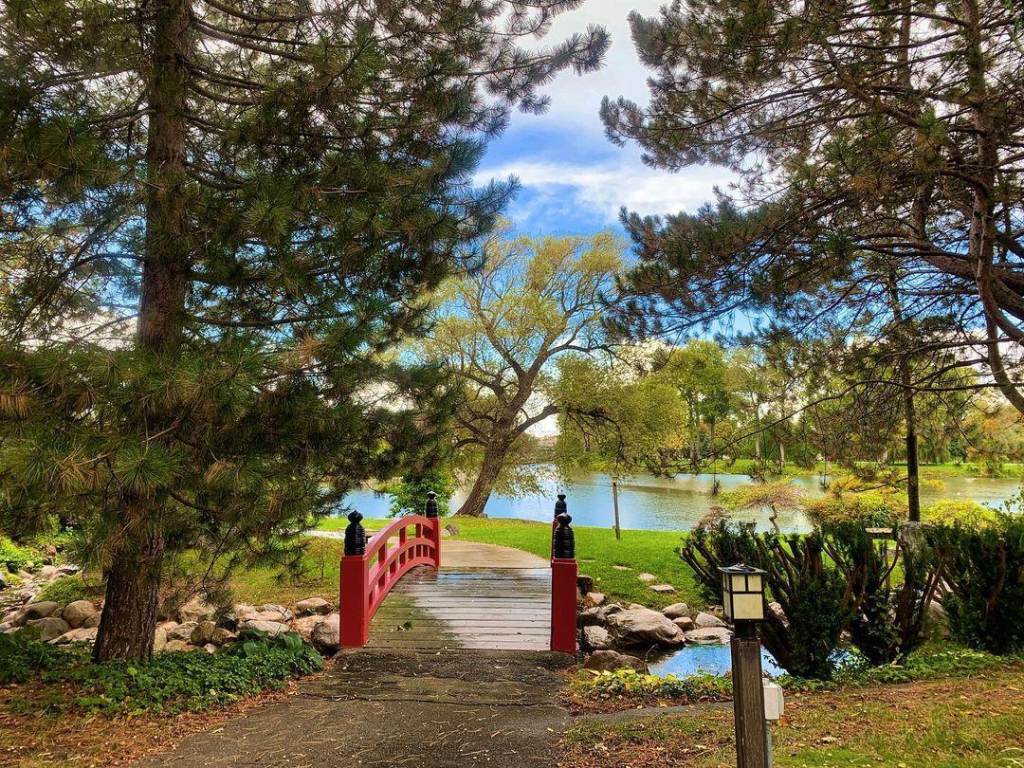 Red bridge in the gardens of the Japanese Cultural Center, Tea House and Gardens of Saginaw.