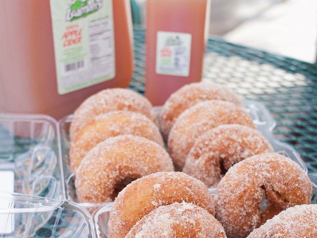 Close-up of cinnamon-sugared cider donut six-packs and jugs of fresh-pressed apple cider on a table at Leaman's Green Applebarn in Freeland