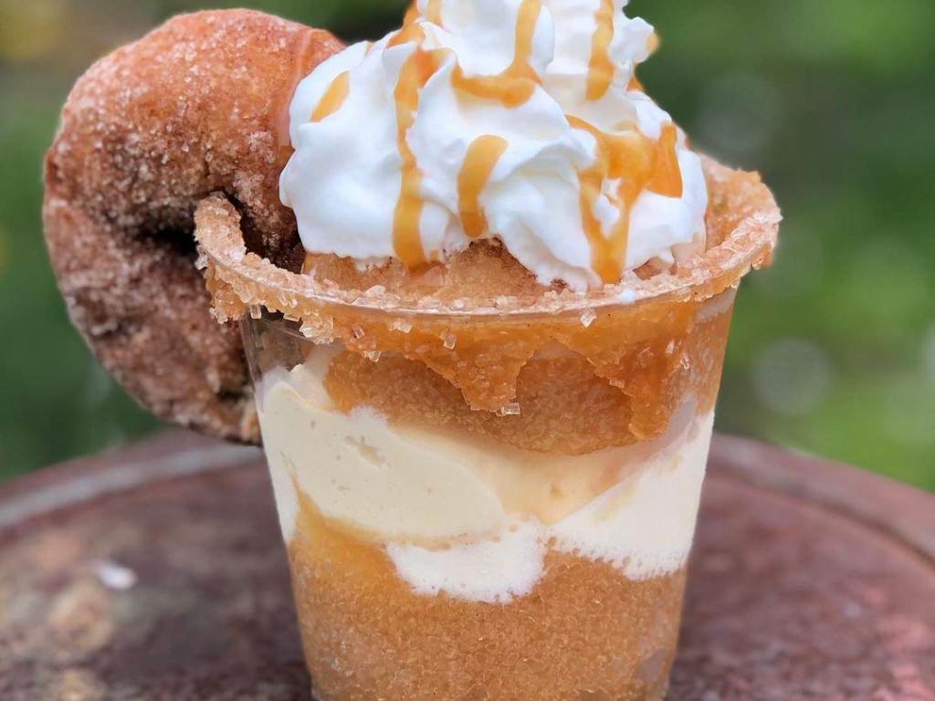 Close-up of a Cider Sundae from Leaman's Green Applebarn in Freeland: featuring cider slush, ice cream, whipped cream, and caramel drizzle, topped with a cider donut and caramel-coated rim