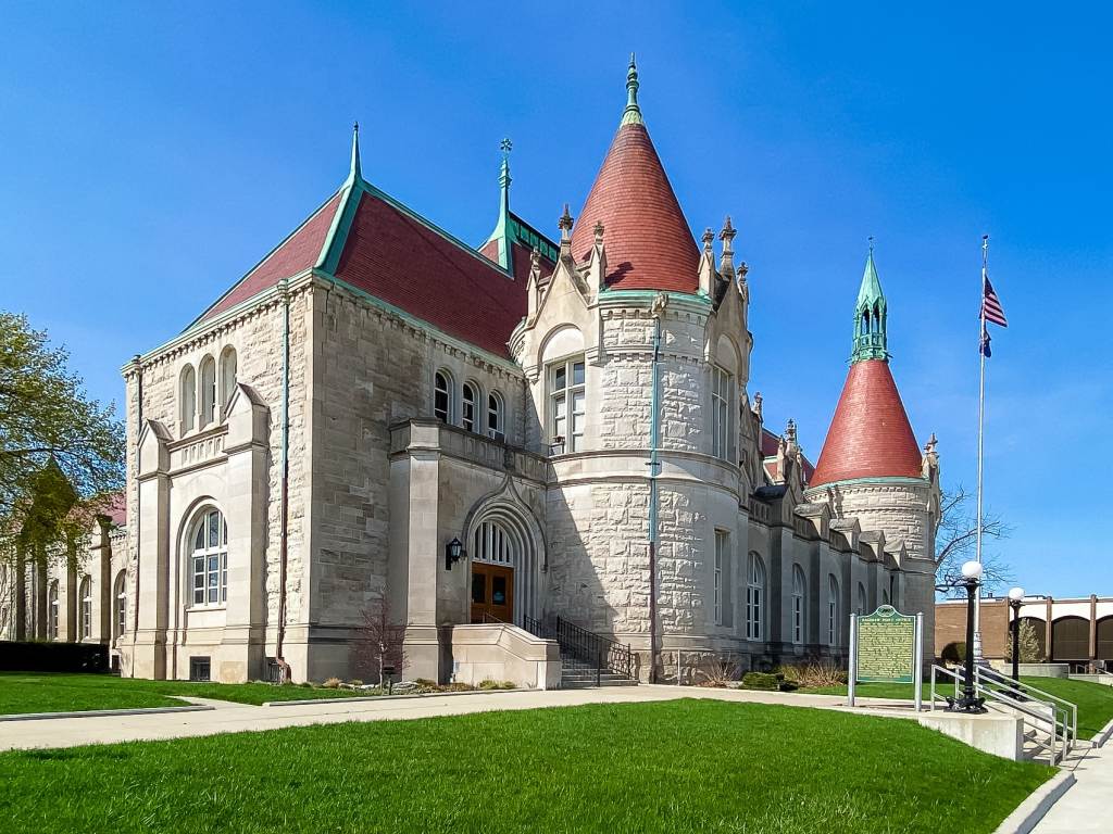 Exterior views of the Castle Museum of Saginaw County History in Saginaw on a bright, blue-skied day