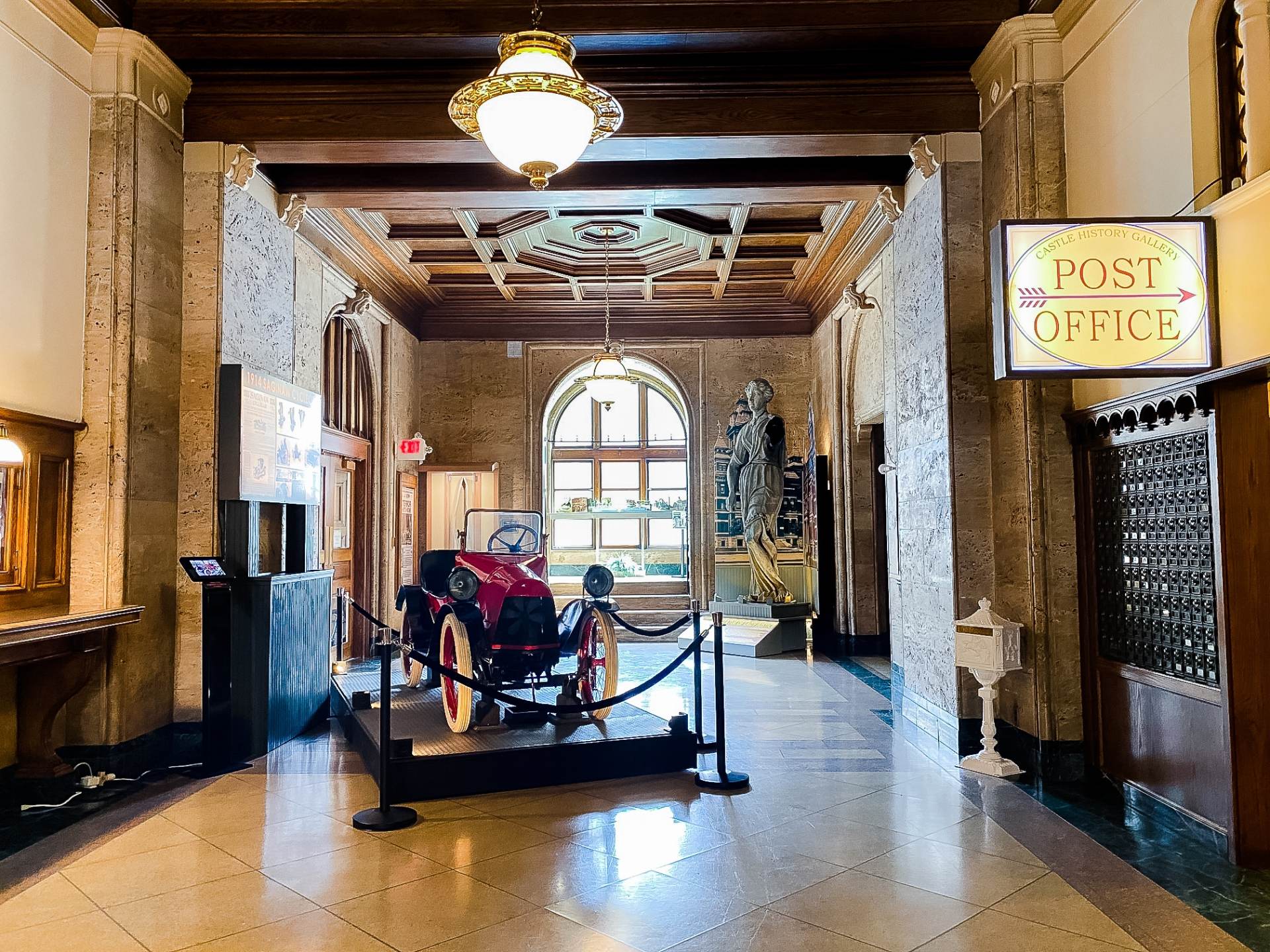 Cyclecar and Post Office Exhibits inside the Castle Museum of Saginaw County History in Saginaw