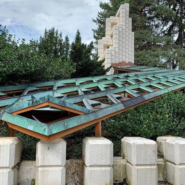 A unique perspective of the Alden B. Dow Home & Studio in Midland, with views of the gorgeous trellis